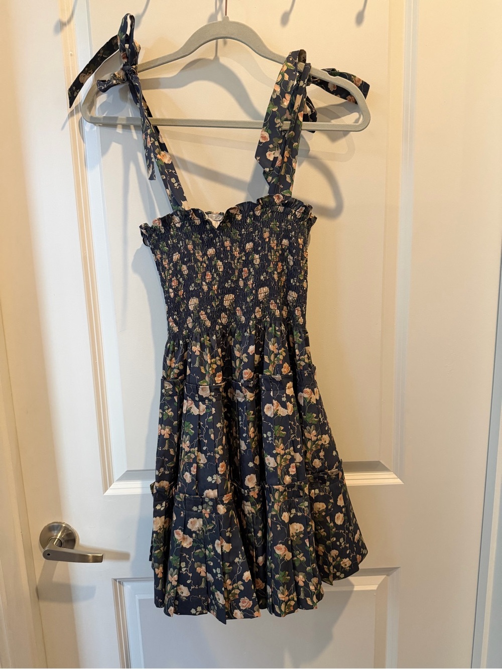 Hill House Navy Floral Tie-Shoulder Smocked Mini Dress